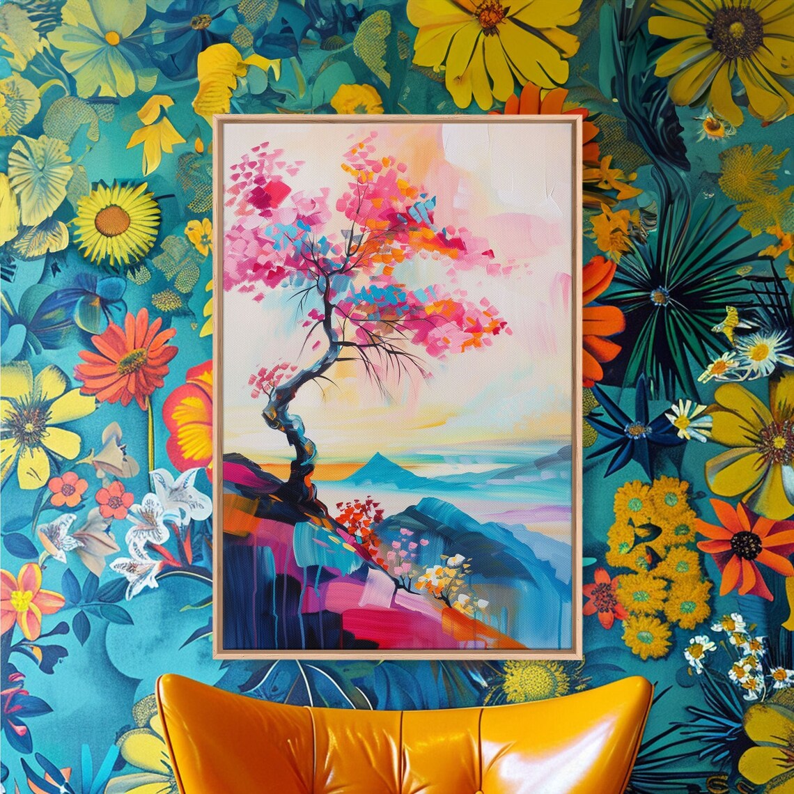 Cherry Blossom Tree On Cliff Over Lake Colorful Landscape Poster