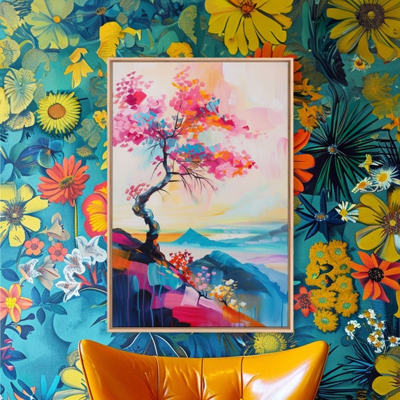 Colorful Tree On A Cliff Framed Print Vibrant Wall Art Living Room Decor Modern Nature Artwork Bold Tree Art Bedroom Decor