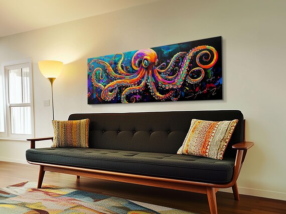 Octopus Art Print With Bright Neon Colors Whimsical Art Coastal Decor Nautical Wall Art Tall Skinny Art Above Bed Wall Art