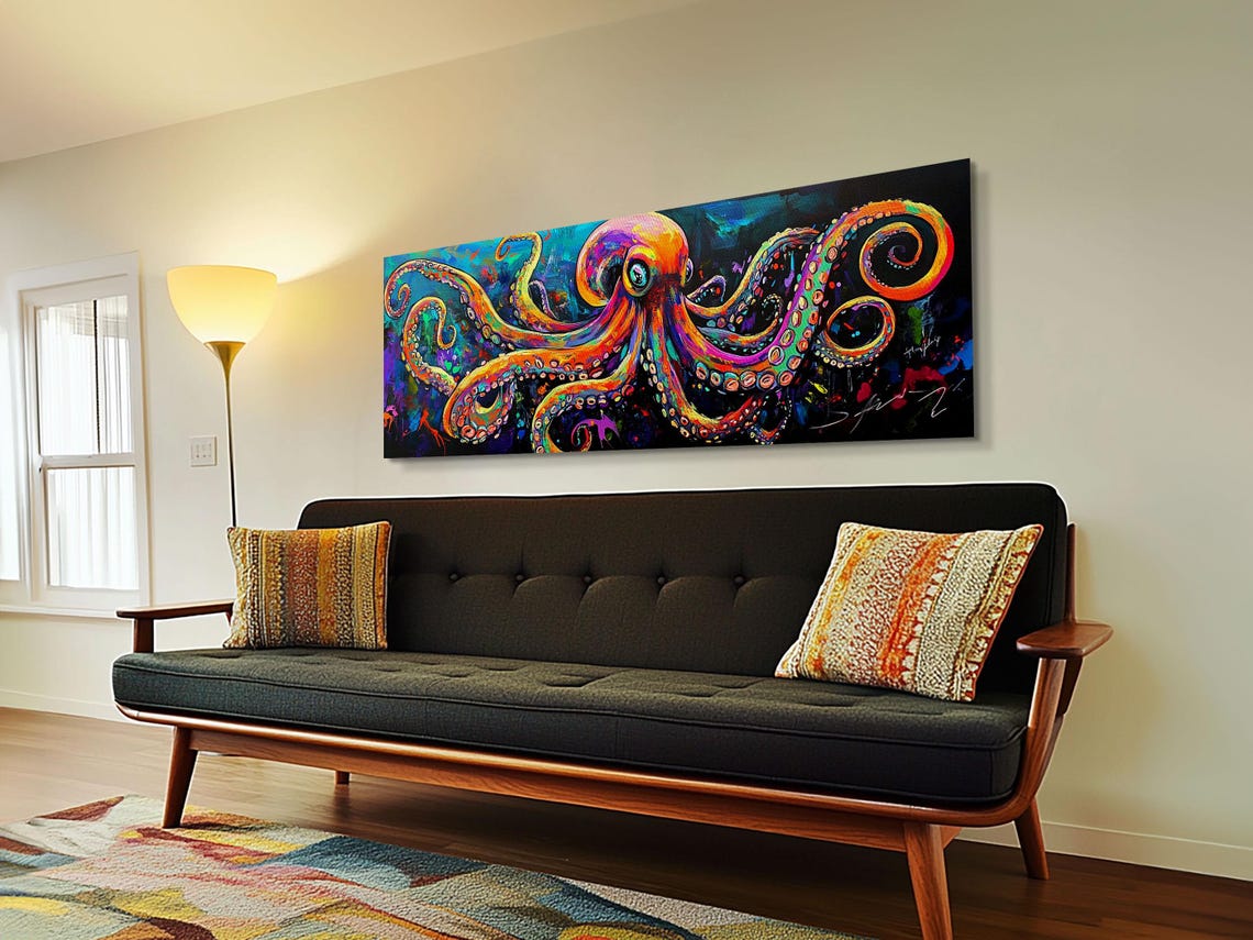 Neon Octopus Colorful Tentacles Dark Background Ocean Decor Poster