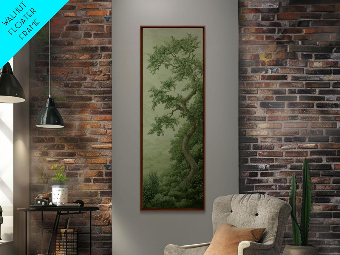Misty Green Tree Landscape Tall Narrow Wabi Sabi Botanical Art Print - Image 5