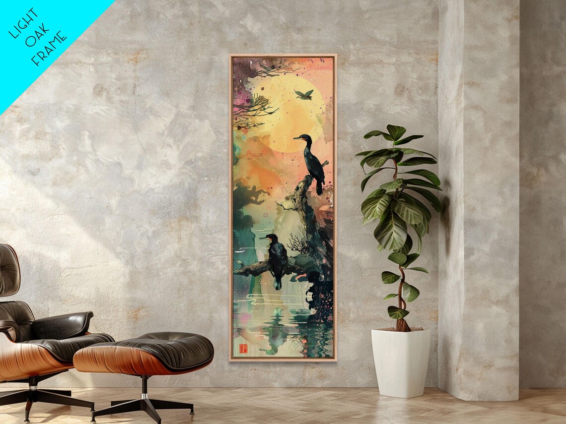 Black Cormorants Water Moon Watercolor Japanese Style Tall Poster - Image 2