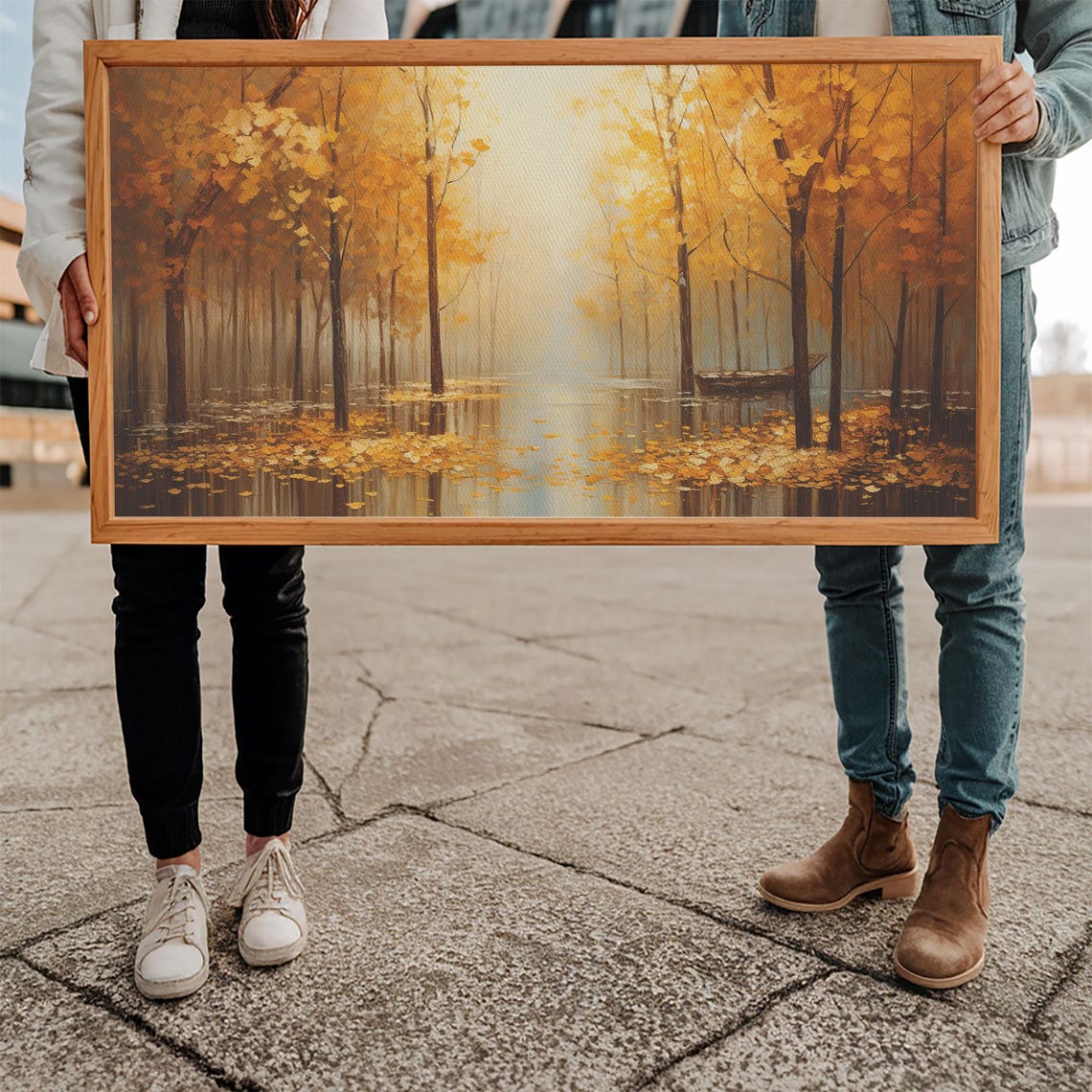 Golden Autumn Forest Flooded Leaves Misty Lake Painting Wall Art - Image 5