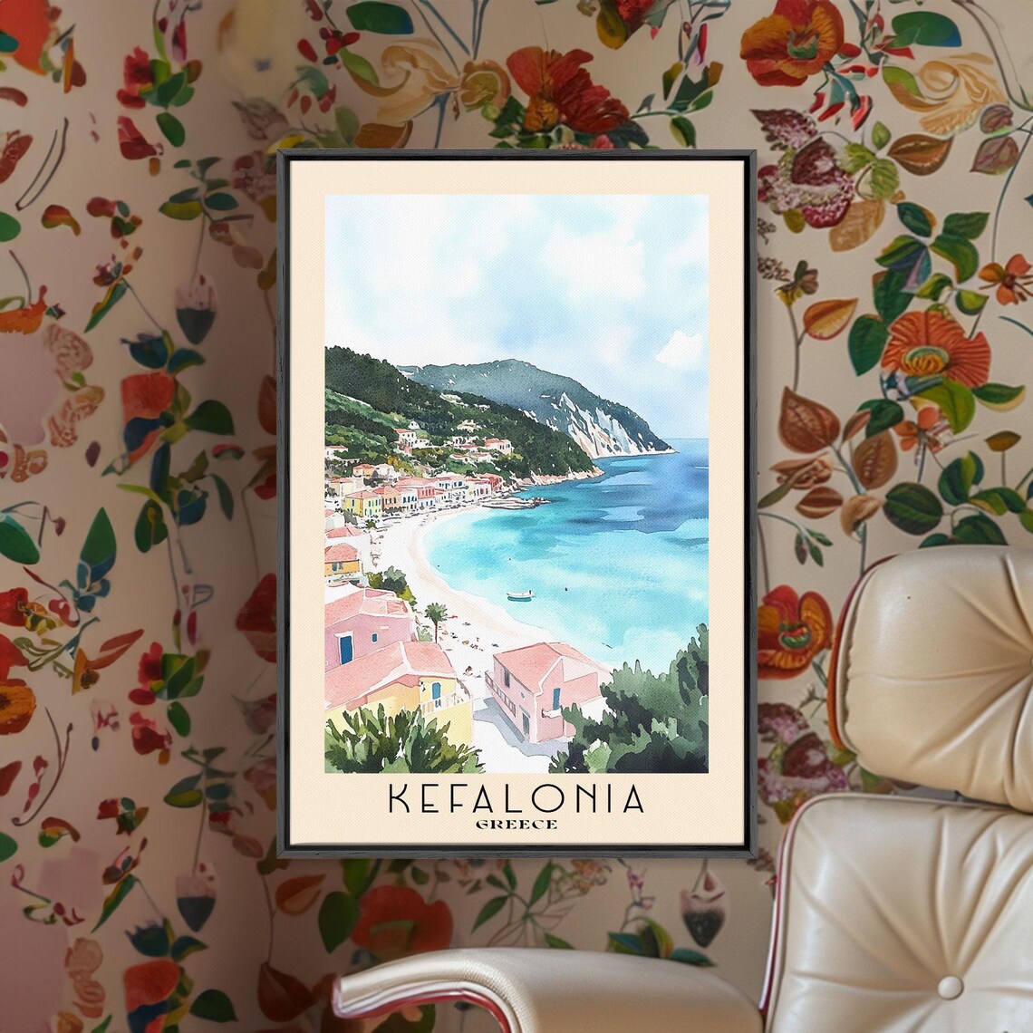Kefalonia Greece Pastel Village Harbor Turquoise Bay Watercolor Art Poster - Image 2