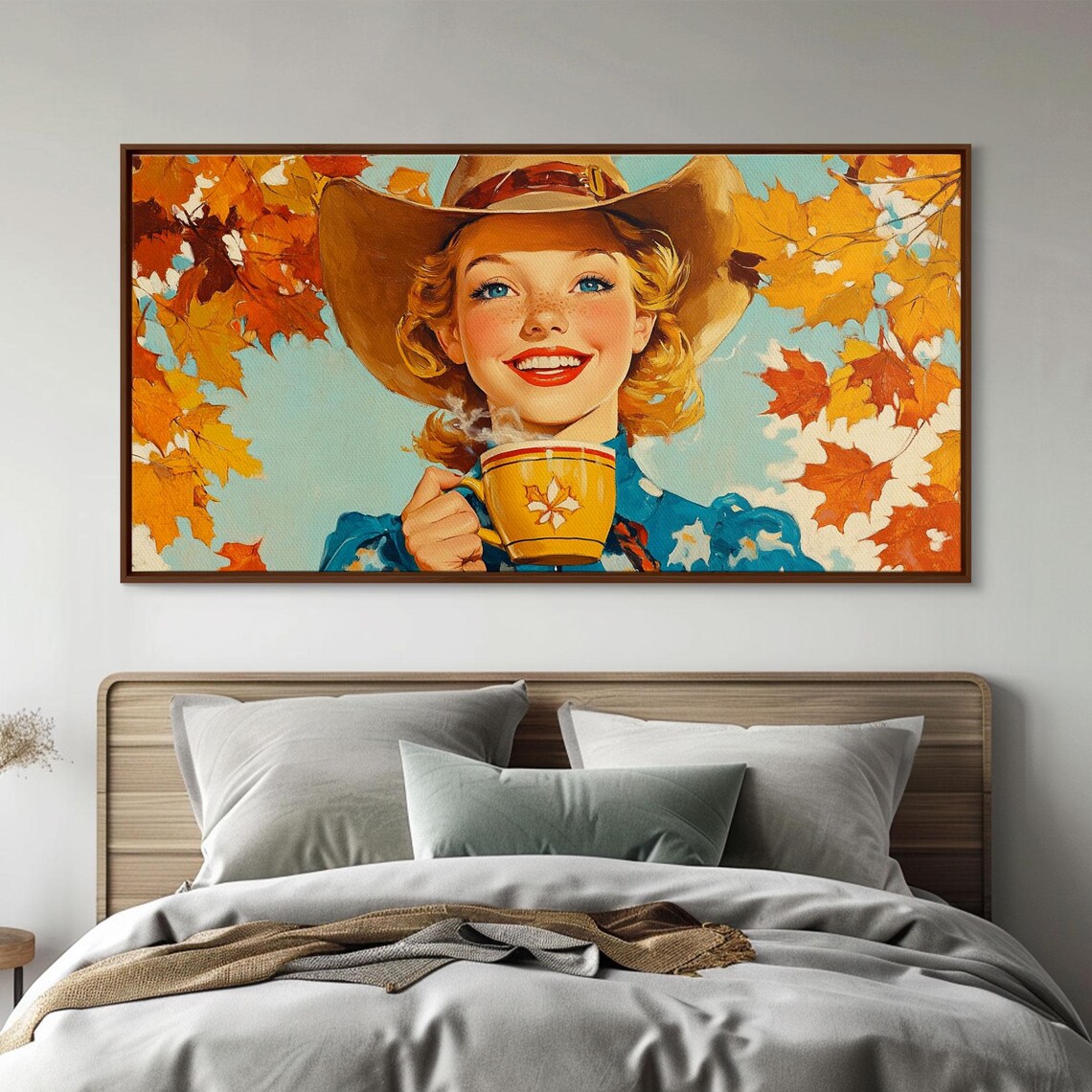 Smiling Retro Cowgirl Holding Hot Cocoa Mug Autumn Leaves Poster - Image 3