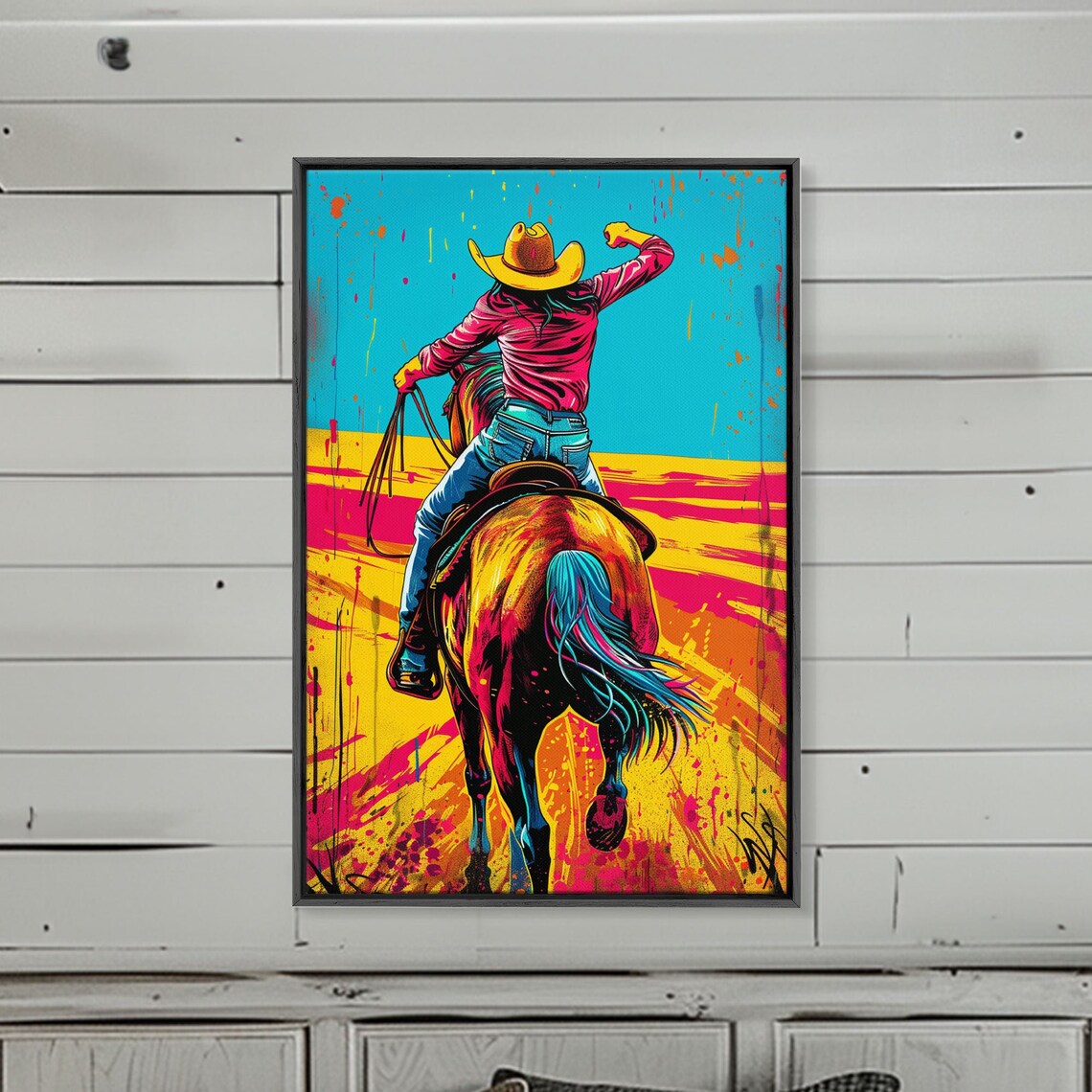 Pop Art Cowgirl Riding Horseback Bold Teal Sunset Western Art Poster - Image 4