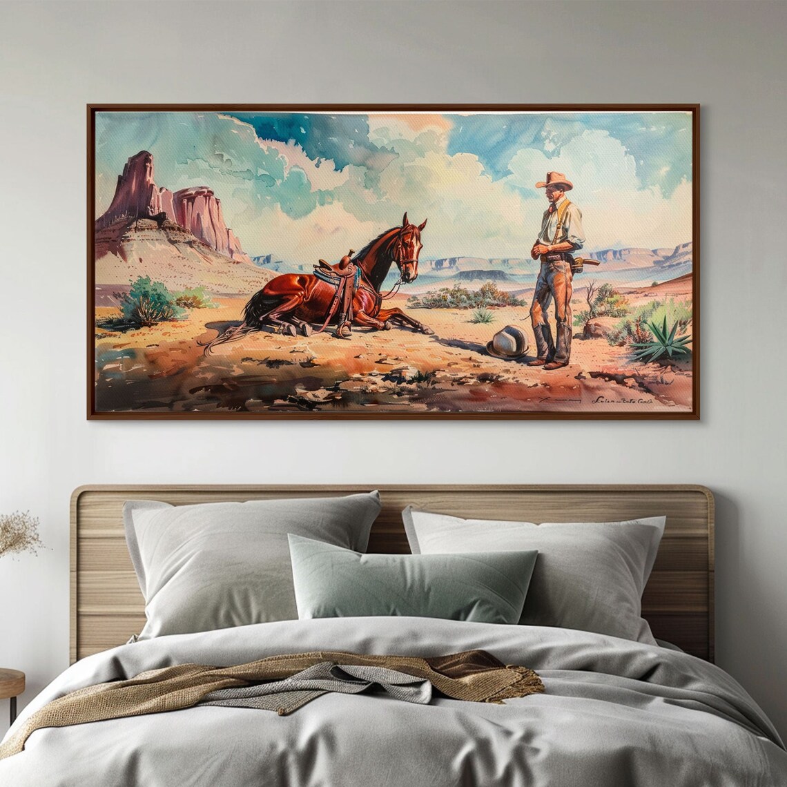 Cowboy Resting Horse Desert Mesas Watercolor Classic Western Poster - Image 2