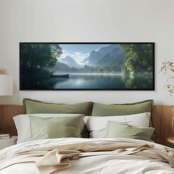 Canoe On The Lake Framed Print Moody Landscape Painting Realism Original Artwork Rustic Lakehouse Decor Oversized Wall Art