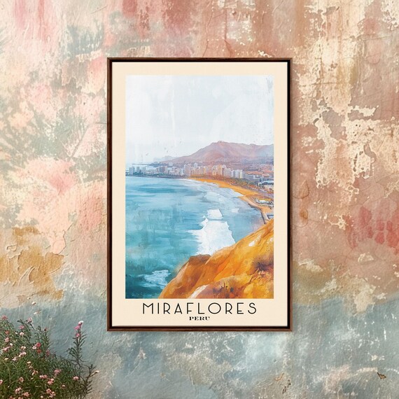 Miraflores Peru Coastal Cliffs City Skyline Sunset Watercolor Poster