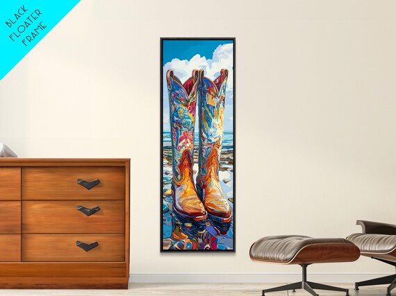 Painted Floral Cowboy Boots On Ocean Beach Western Decor Poster