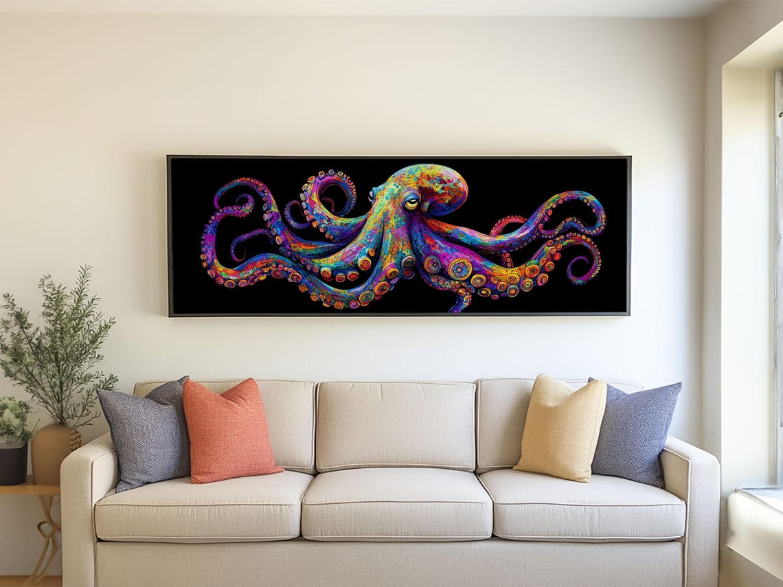 Rainbow Octopus Black Background Psychedelic Colorful Ocean Poster - Image 2