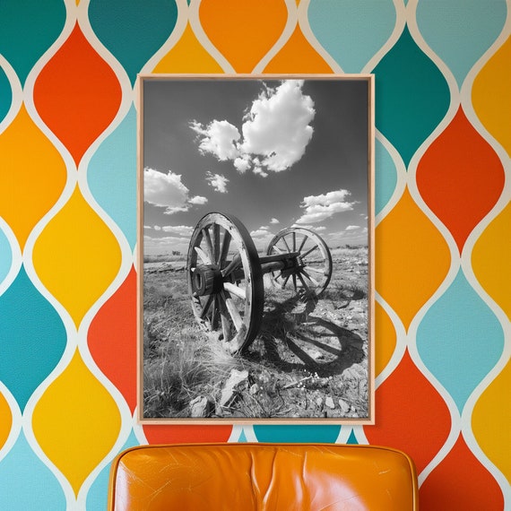 Abandoned Wagon Wheel On Prairie Black And White Western Art Framed Print Rustic Home Decor Vintage Wall Art Living Room Bedroom