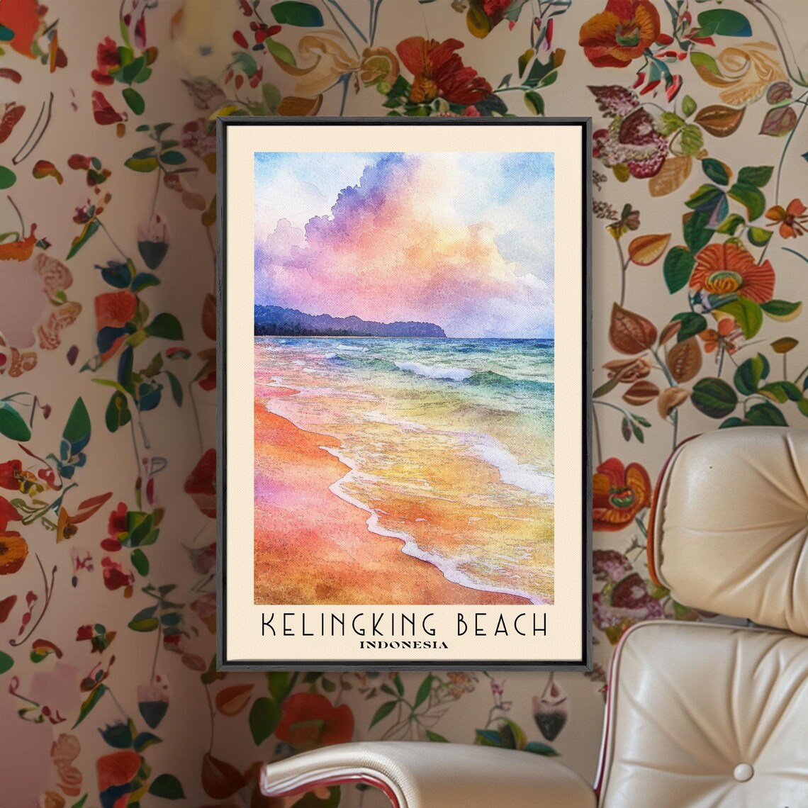 Kelingking Beach Indonesia Pastel Sunset Waves Shore Watercolor Poster - Image 2