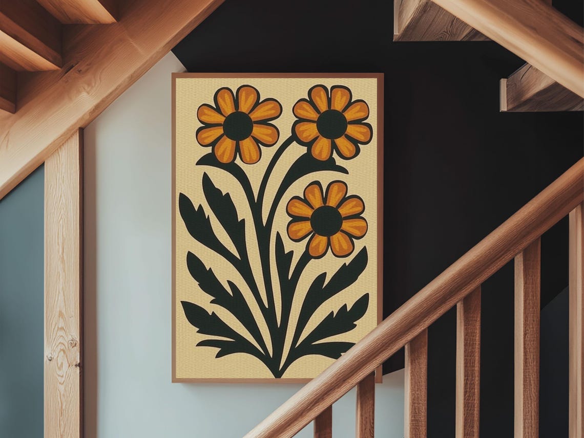 Boho Daisy Flower Floral Botanical Mustard Cream Midcentury Print - Image 2