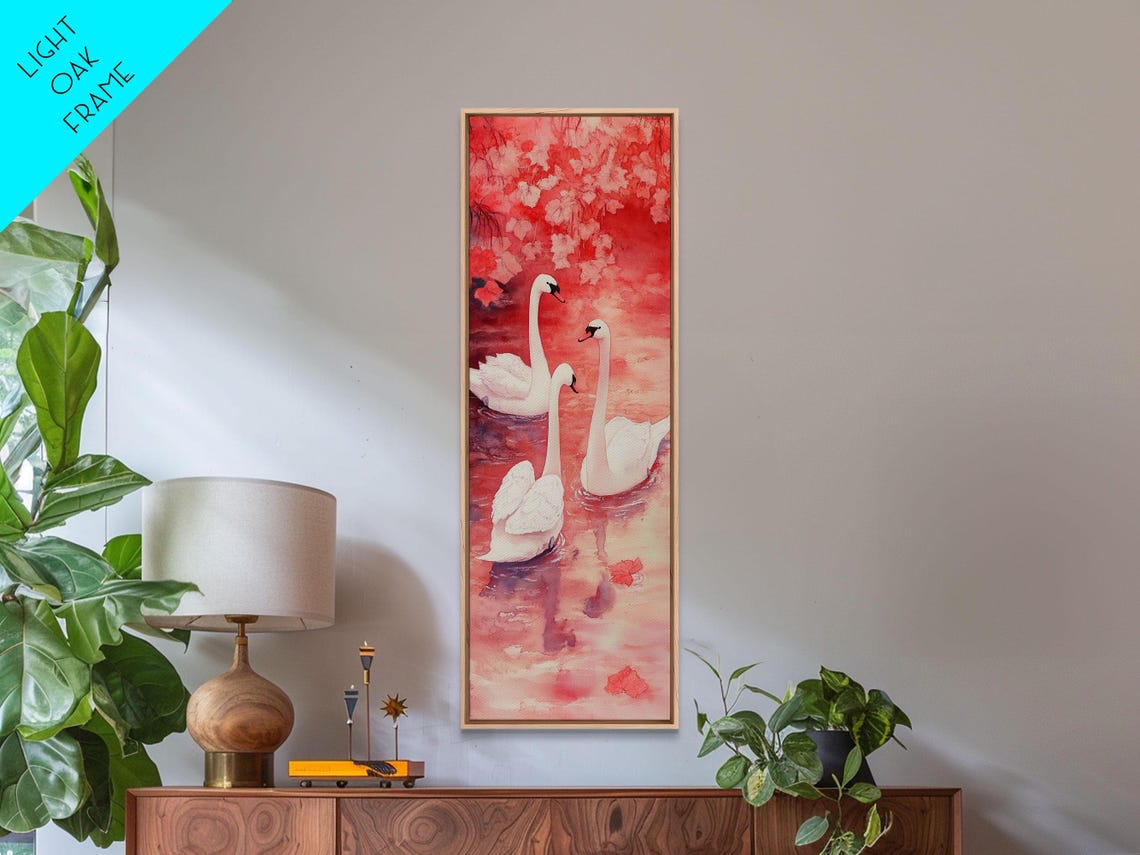 Three White Swans On Pink Water Elegant Romantic Bird Water Wall Art - Image 3