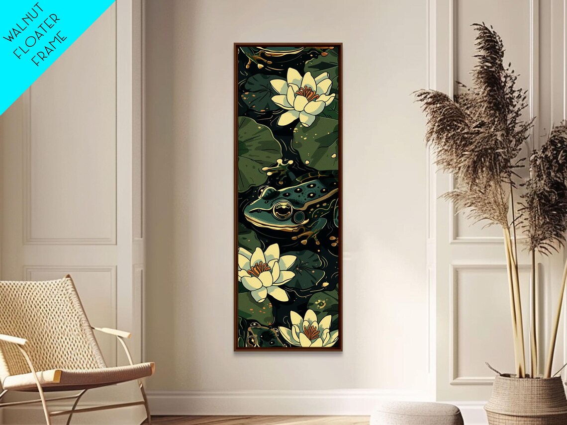 Green Frog Water Lilies Dark Pond Japanese Style Tall Art Poster - Image 2