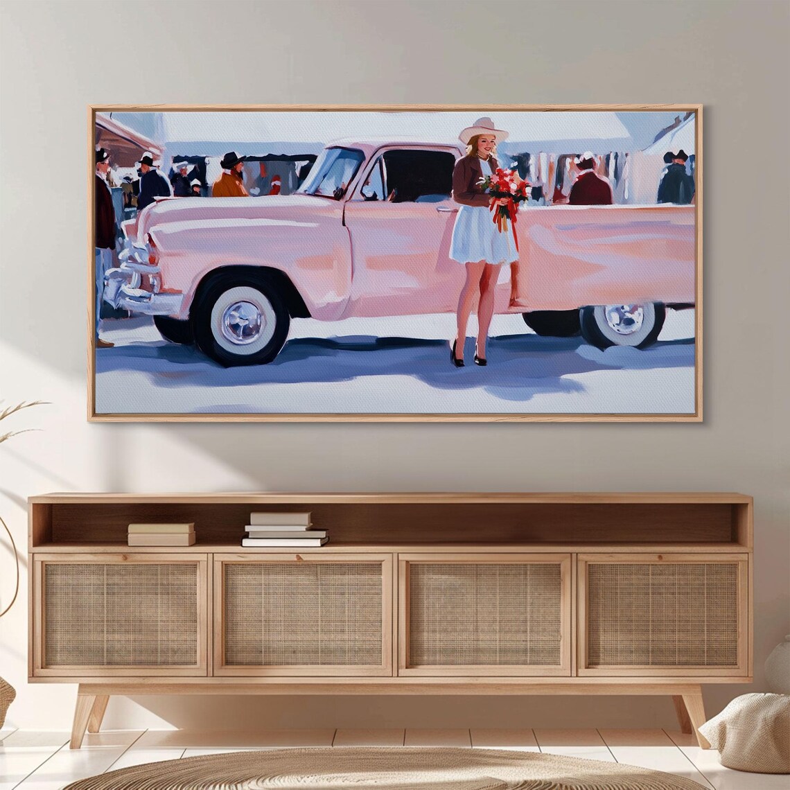 Cute Cowgirl Leaning On Pink Vintage Truck With Autumn Flowers Poster - Image 3