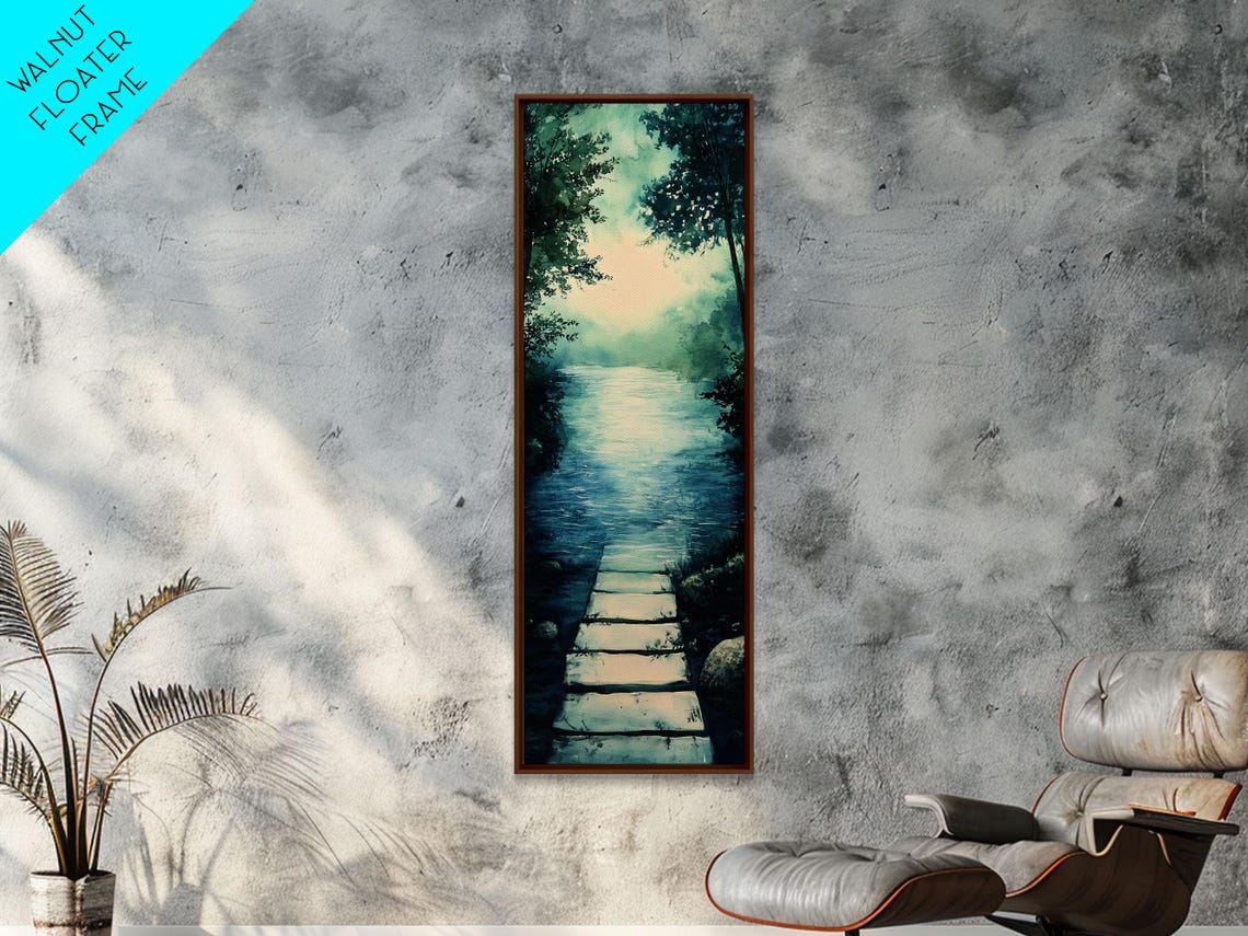 Serene Blue River Stepping Stones Misty Forest Path Art Poster - Image 2
