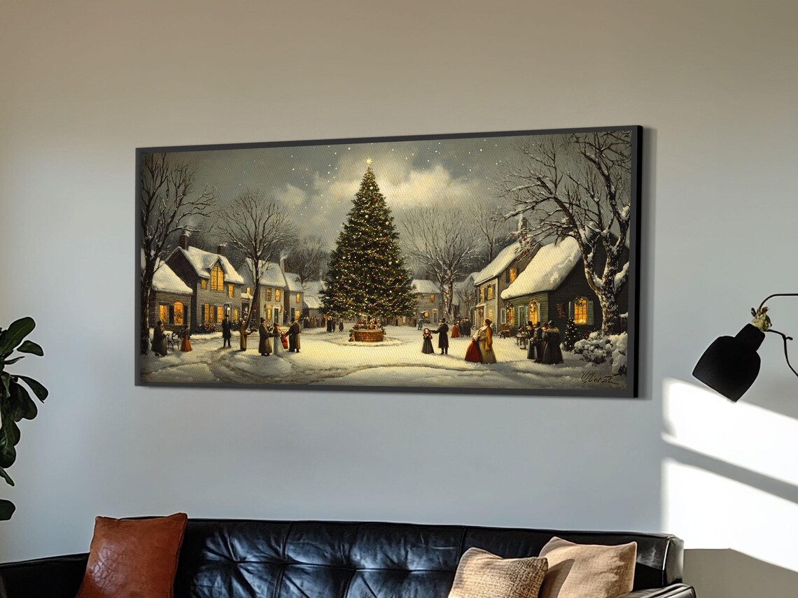 Christmas Village Dusk Snowy Street Big Lit Tree Oil Painting Print