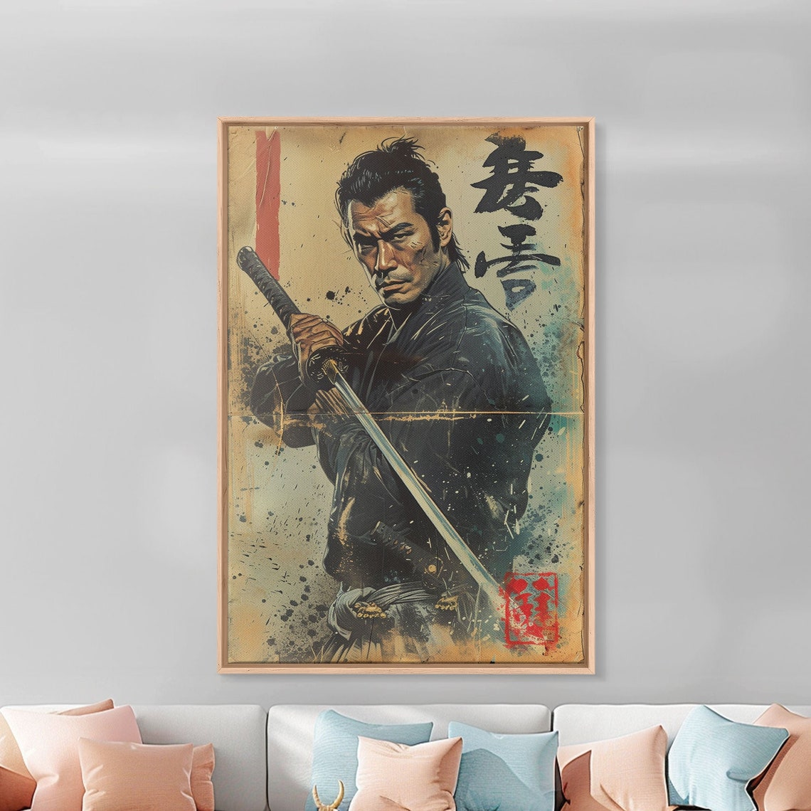 Samurai Holding Sword Paint Splatter Poster Japanese Vintage Style - Image 4