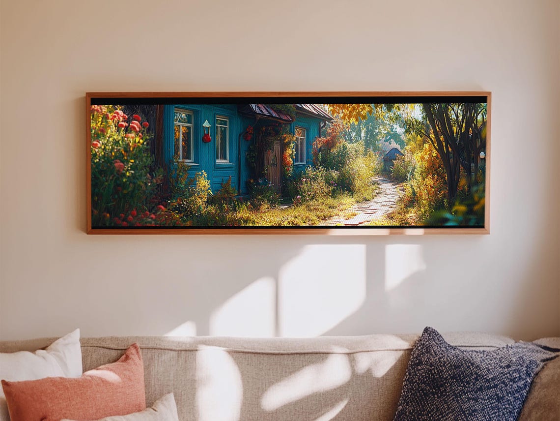Blue Cottage Autumn Forest Stone Path Cozy Fall Landscape Poster - Image 4