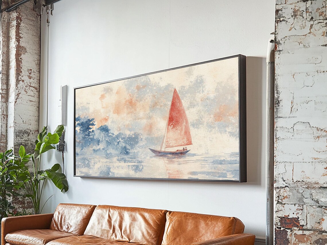 Sailboat With Red Sail On Calm Water Soft Watercolor Nautical Painting - Image 3