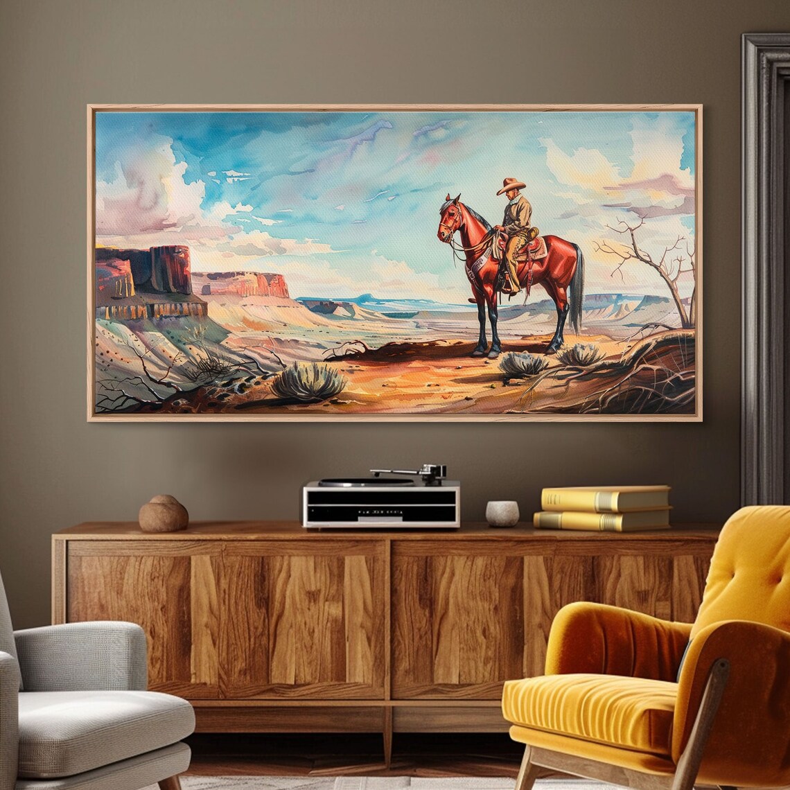 Cowboy on Horse Canyon Overlook Red Rock Western Watercolor Art Poster - Image 3