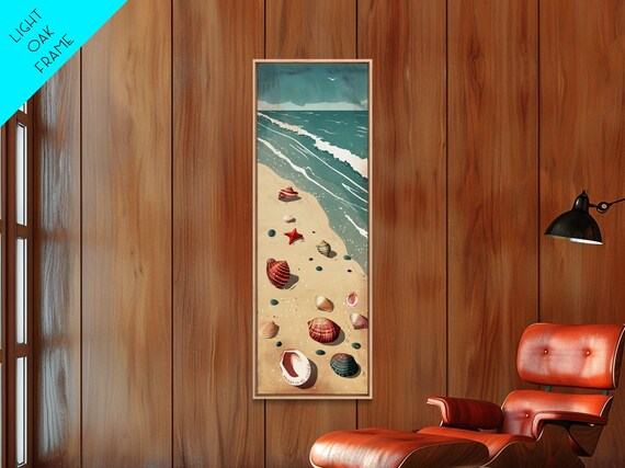 Serene Beach Scene Seashells Starfish Shore Waves Vintage Coastal Wall Art
