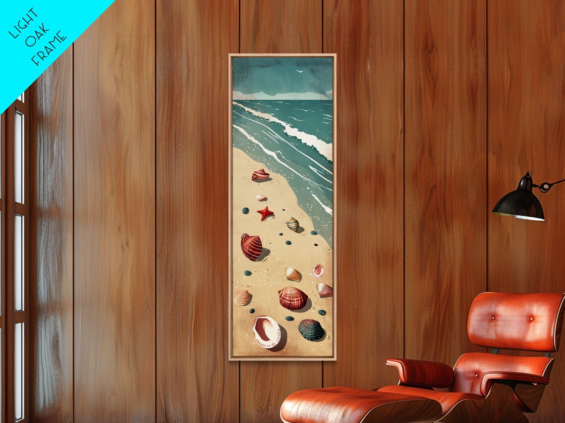 Serene Beach Scene Seashells Starfish Shore Waves Vintage Coastal Wall Art