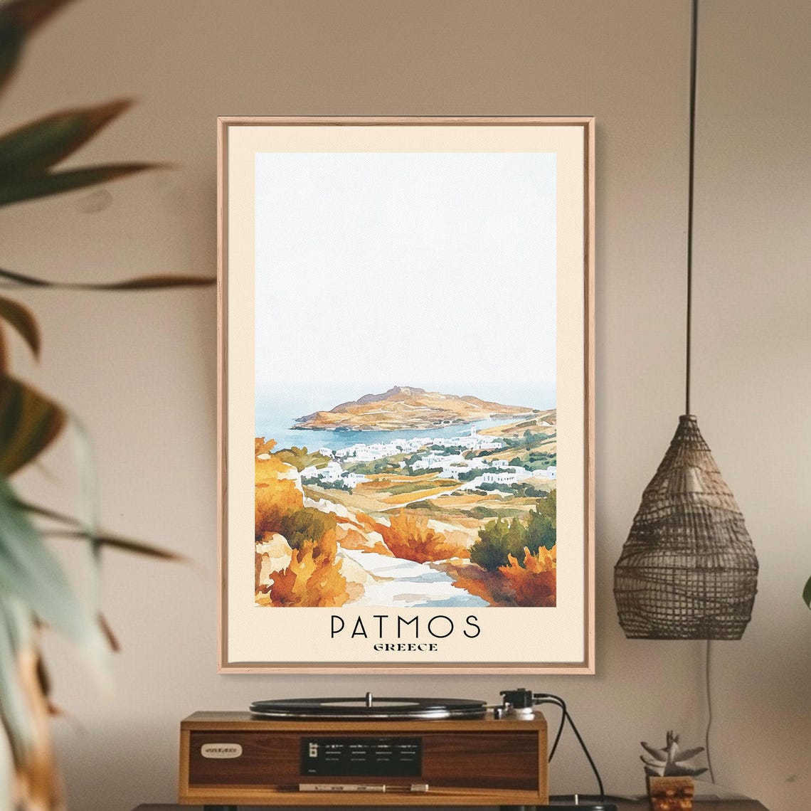 Patmos Greece White Town Island Bay Orange Shrub View Poster - Image 2
