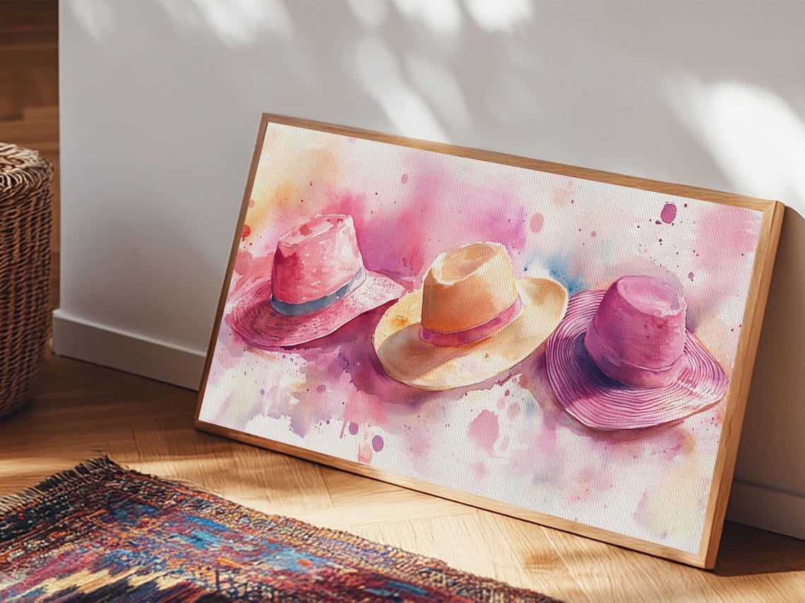 Straw Sun Hats Watercolor Coastal Summer Beach Vibes Decor Poster - Image 3