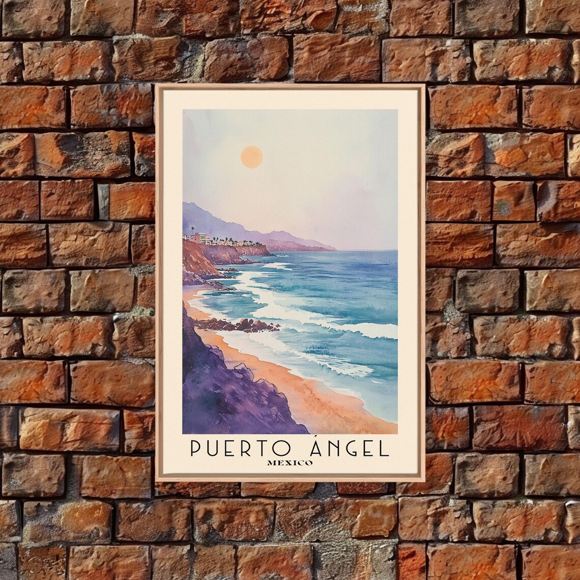 Puerto Angel Mexico Rocky Coastline Sunset Surf Headland Blue Ocean Watercolor Poster - Image 4
