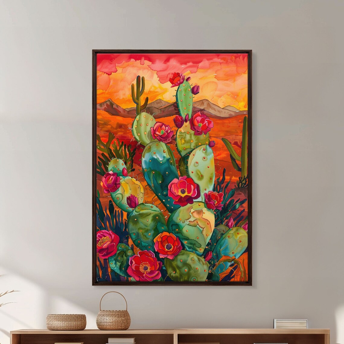 Blooming Cacti in Desert Sunset Landscape Art Print