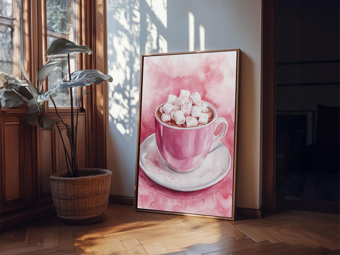 Pink Hot Chocolate Cup Marshmallows Cozy Watercolor Kitchen Wall Art