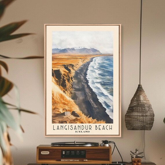 Langisandur Beach Iceland Black Cliffs Golden Grass Foamy Sea Poster