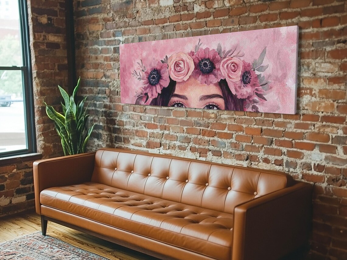 Blush Floral Crown Goddess Pink Rose Watercolor Portrait Wall Art - Image 3