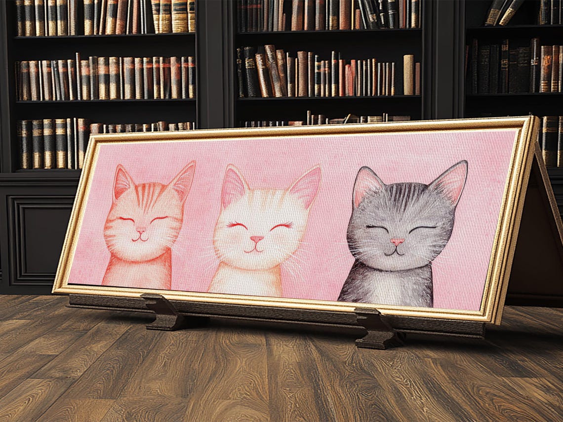 Three Smiling Cats Pink Whimsical Cat Portrait Cute Kittens Poster - Image 3