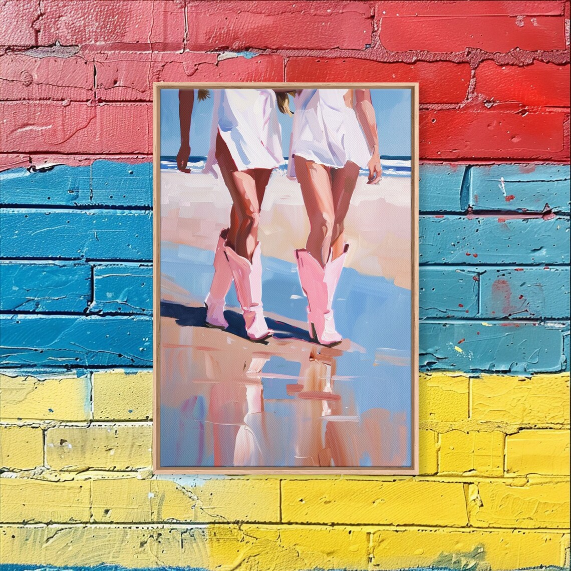 Cowgirls Walking On Beach In Pink Cowboy Boots Summer Art Poster - Image 3