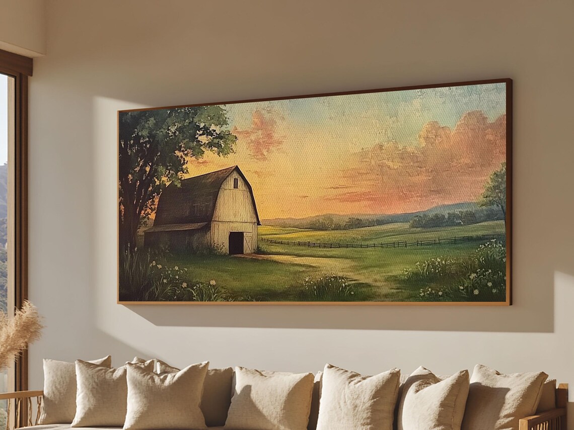Old Barn Sunset Meadow Fence Vintage Farmhouse Landscape Art Print - Image 6