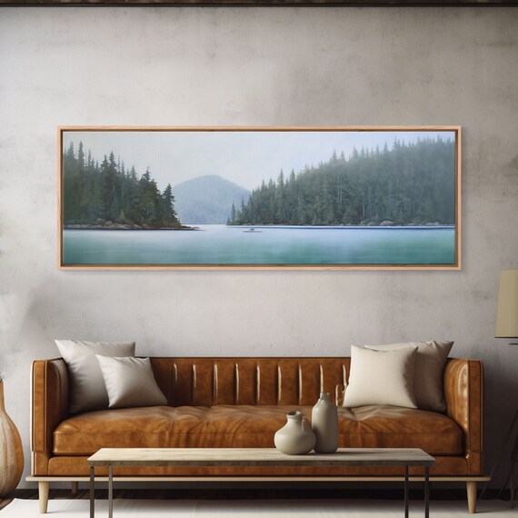 Watercolor Landscape Wall Art Print Lake Pine Trees Mountain Fishing Boat Large Art Print Panoramic Wall Art Print