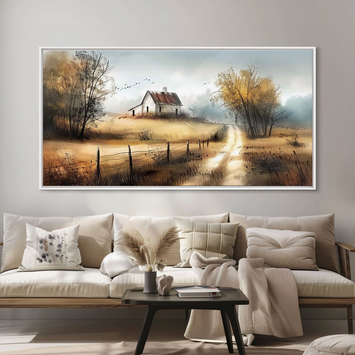 Misty Autumn Farmhouse Golden Field Country Road Watercolor Art Poster