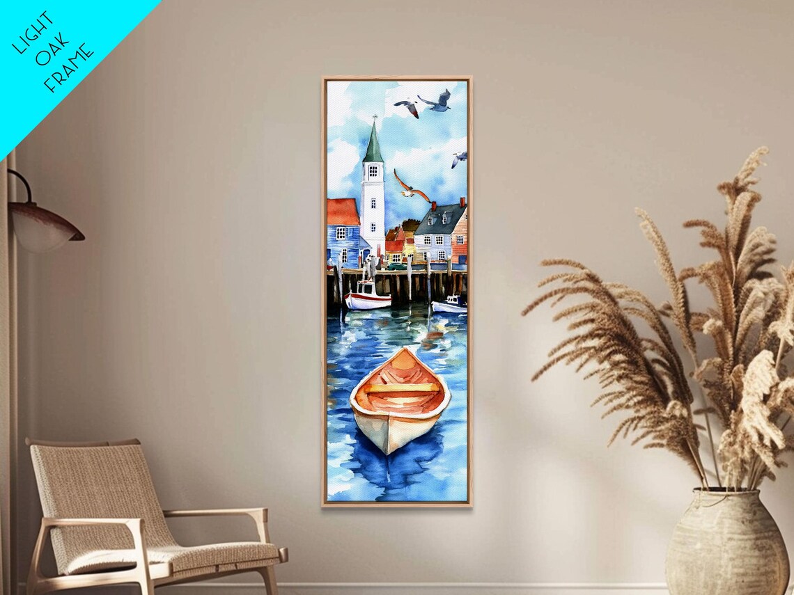 Tranquil Coastal Village Church Steeple Boats Seagulls Harbor Art Poster - Image 6