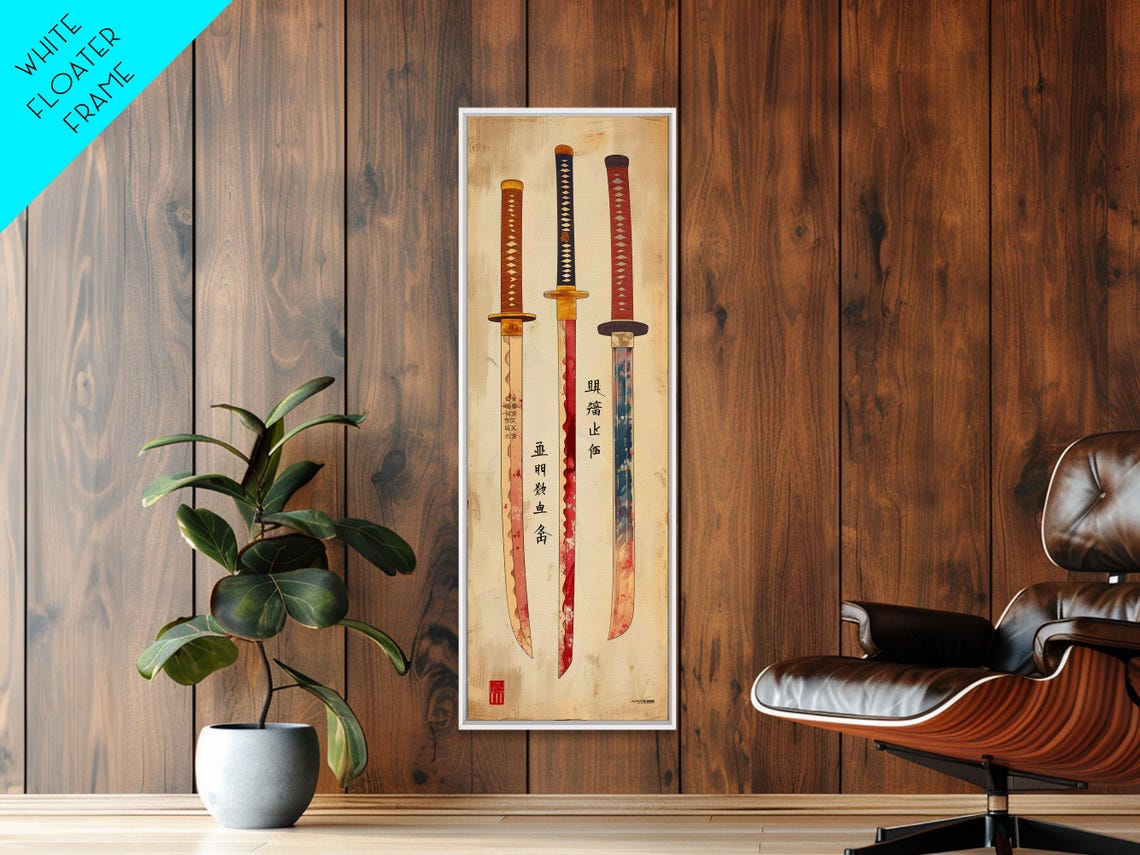 Three Samurai Swords Japanese Characters Cream Vintage Art Poster - Image 5