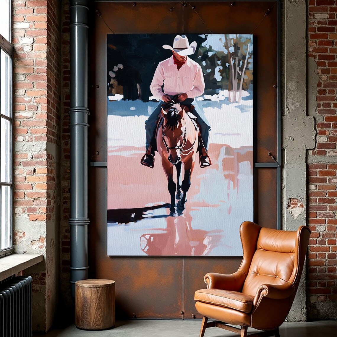 Cowboy Riding Horse Through Snowy Icy Creek Winter Morning Art Poster - Image 2