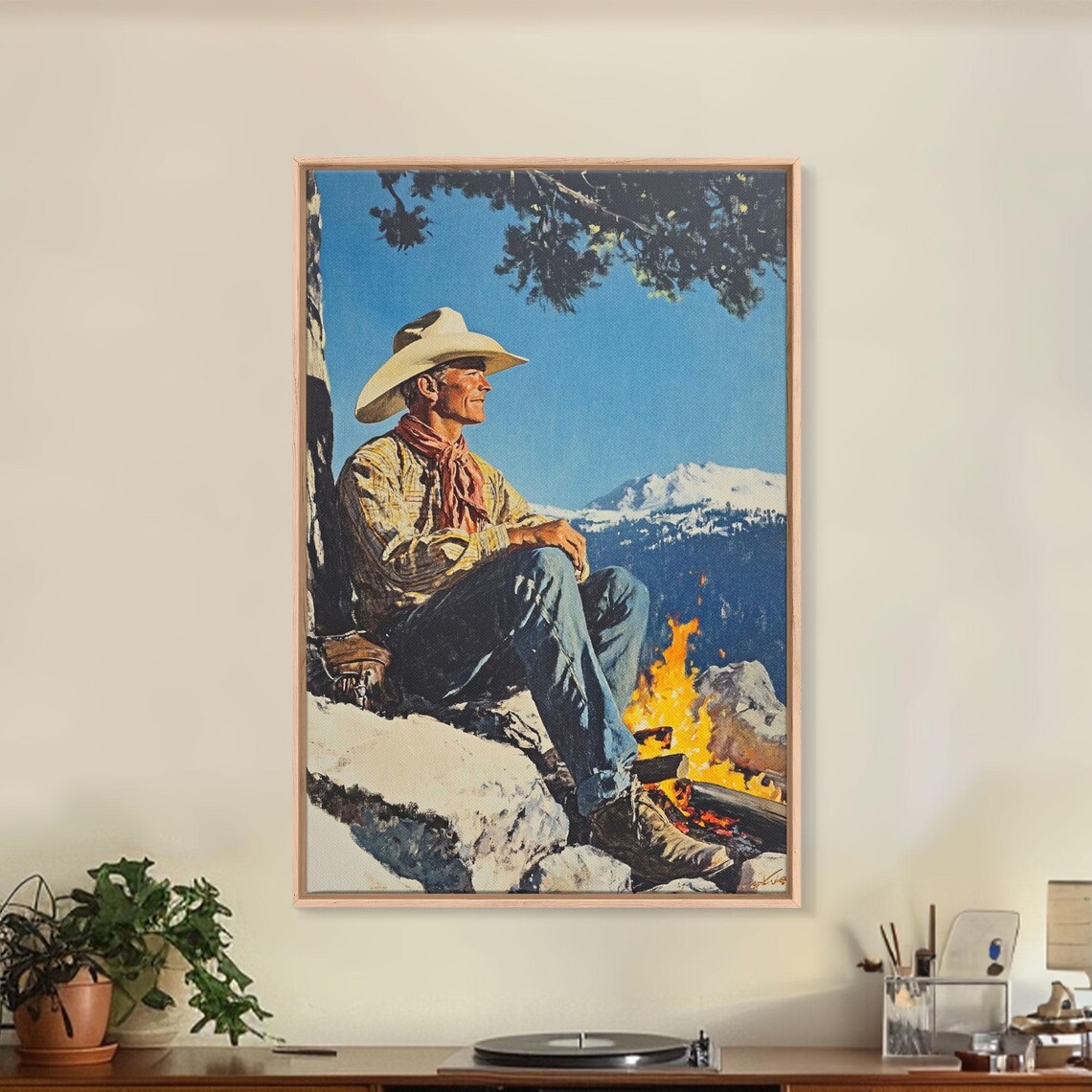 Cowboy Resting By Campfire Snowy Mountain Camp Western Scene Poster
