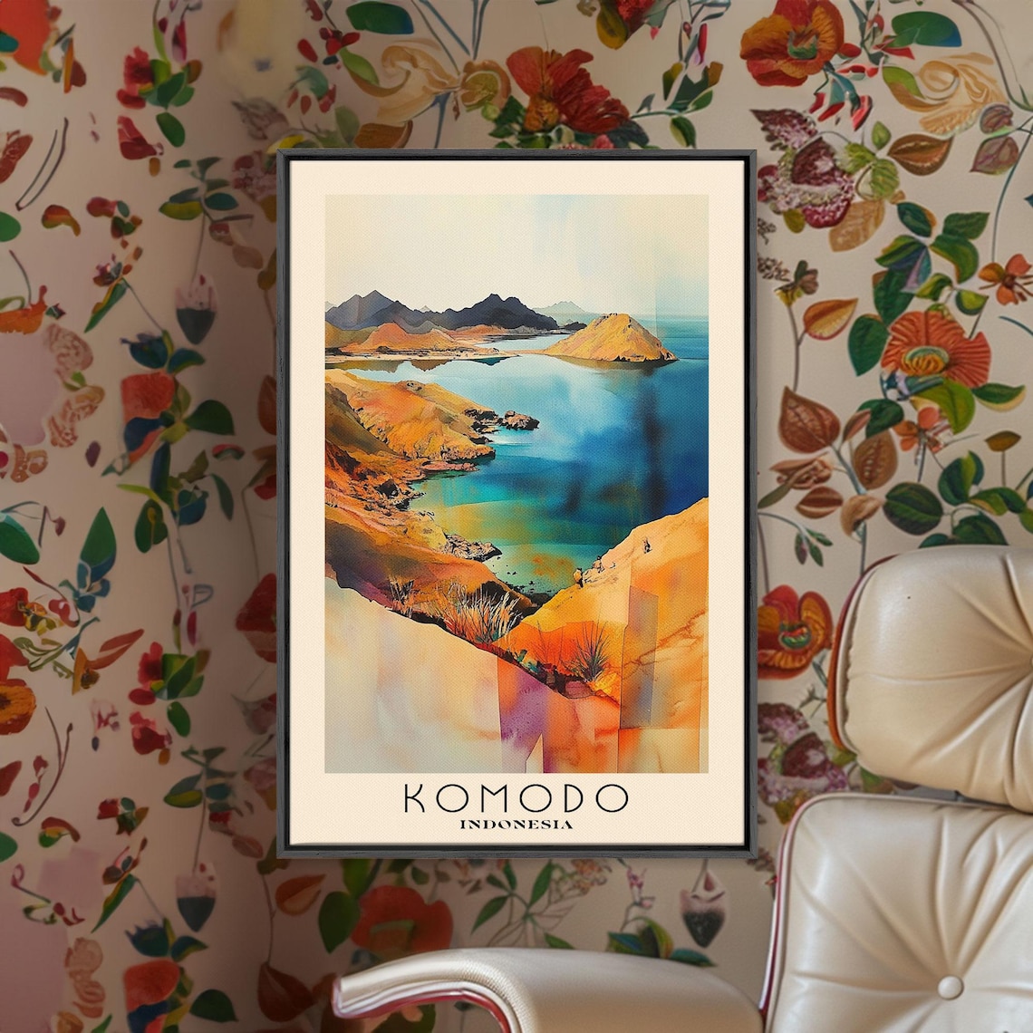 Komodo Indonesia Golden Hills Turquoise Bays Savanna View Watercolor Poster - Image 2