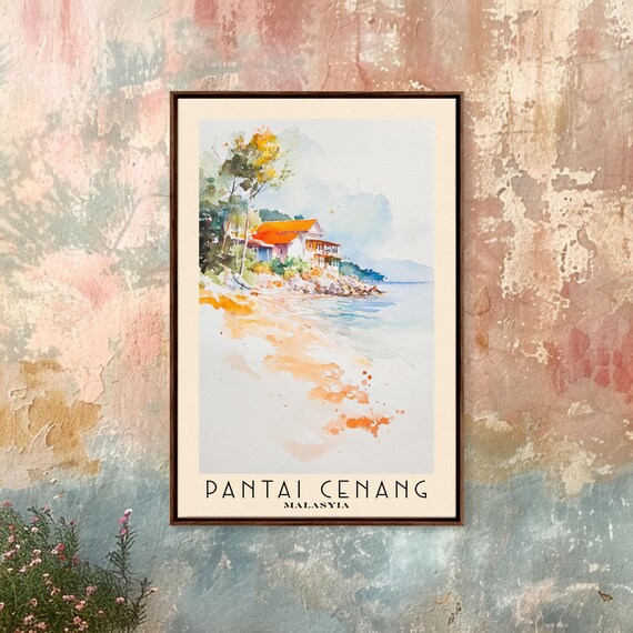 Pantai Cenang Malaysia Red Roof Beach House Watercolor Coastal Poster