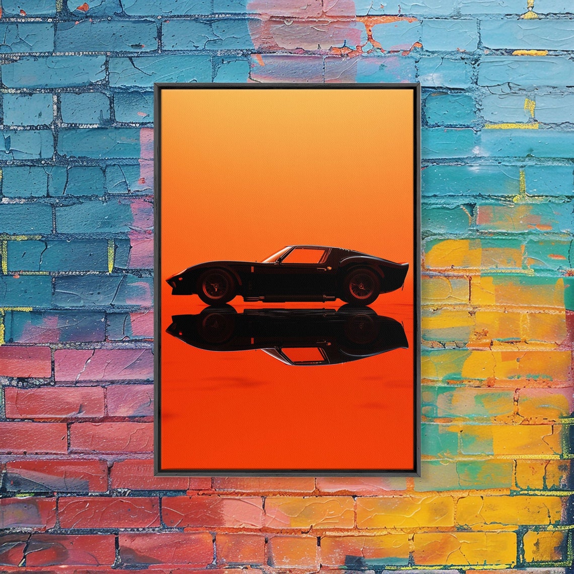 Vintage Muscle Car Silhouette Orange Reflection Sunset Wall Art - Image 5