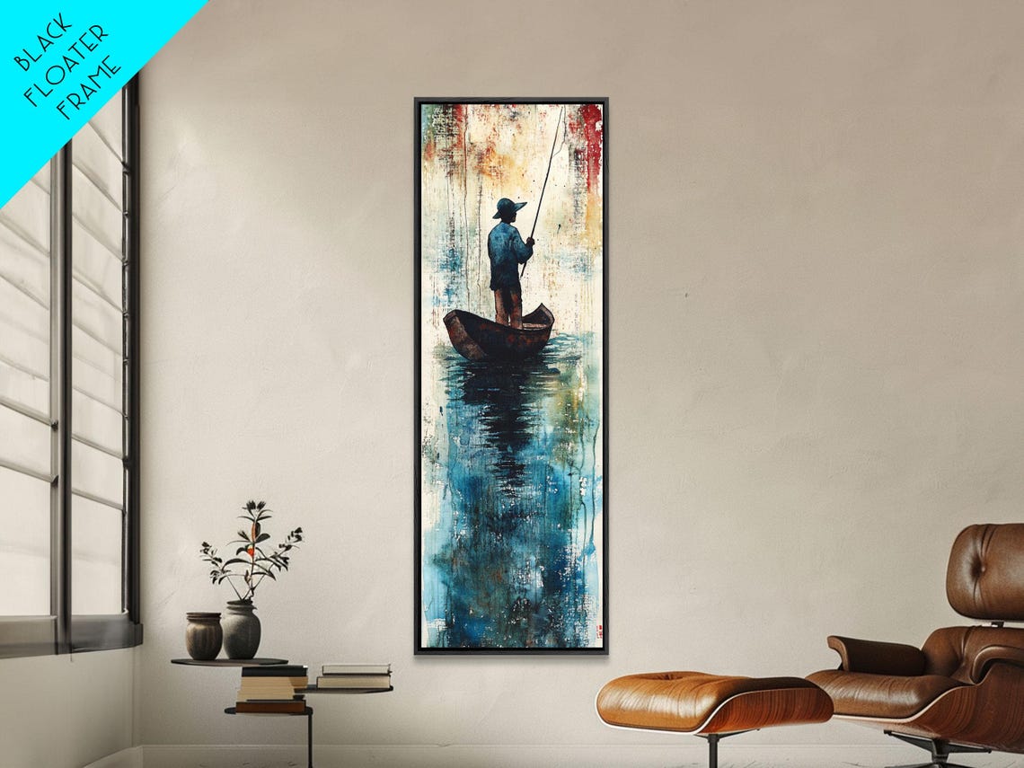Fisherman in Boat Silhouette Abstract Blue Water Lake Wall Art - Image 3