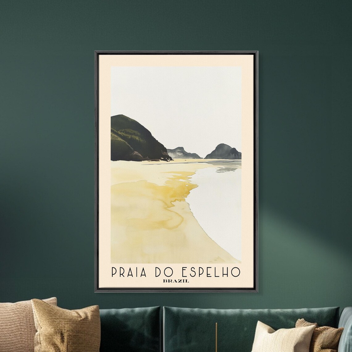 Praia do Espelho Brazil Pale Gold Beach Dark Green Headlands Coastal Watercolor Poster - Image 5